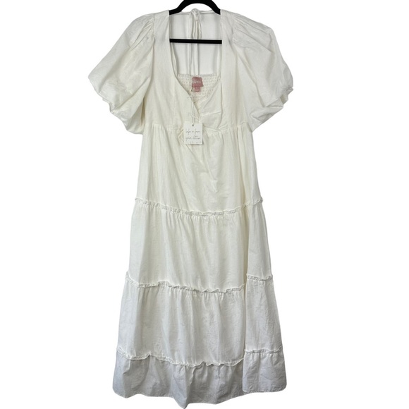 Show Me Your Mumu Sz L Women's White Poof Sleeve Smocked Odette Midi Dress NWT - Picture 2 of 16